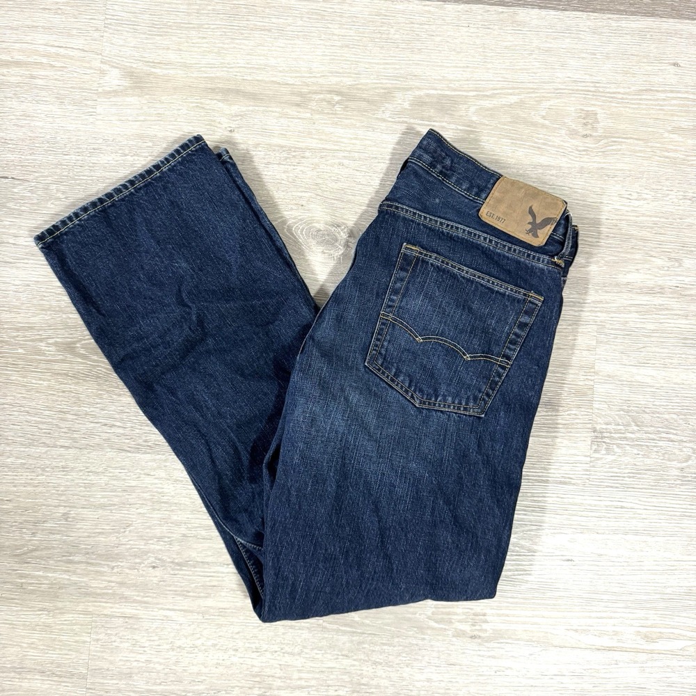 American Eagle Original Boot Dark Blue Denim Baggy Whiskered Jeans Men's 33x30